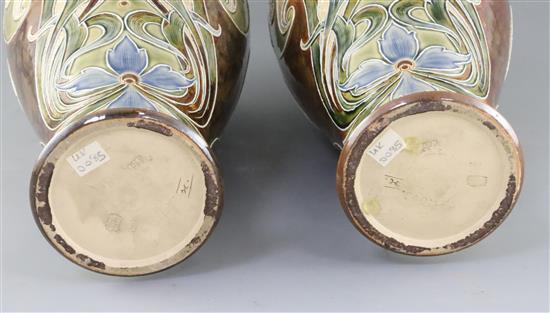 Eliza Simmance for Doulton Lambeth, a pair of tall Art Nouveau baluster vases, c.1895, 43.5cm, one with hairline to rim